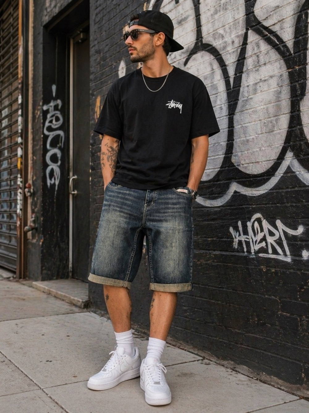 Tokyo Laundry Denim Shorts 32 Y2K Streetwear Baggy Skater Dark Wash